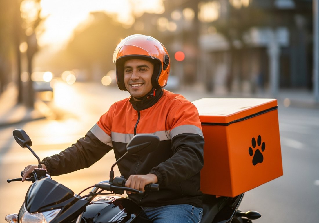 Cadete de Pet Land entregando un pedido en moto