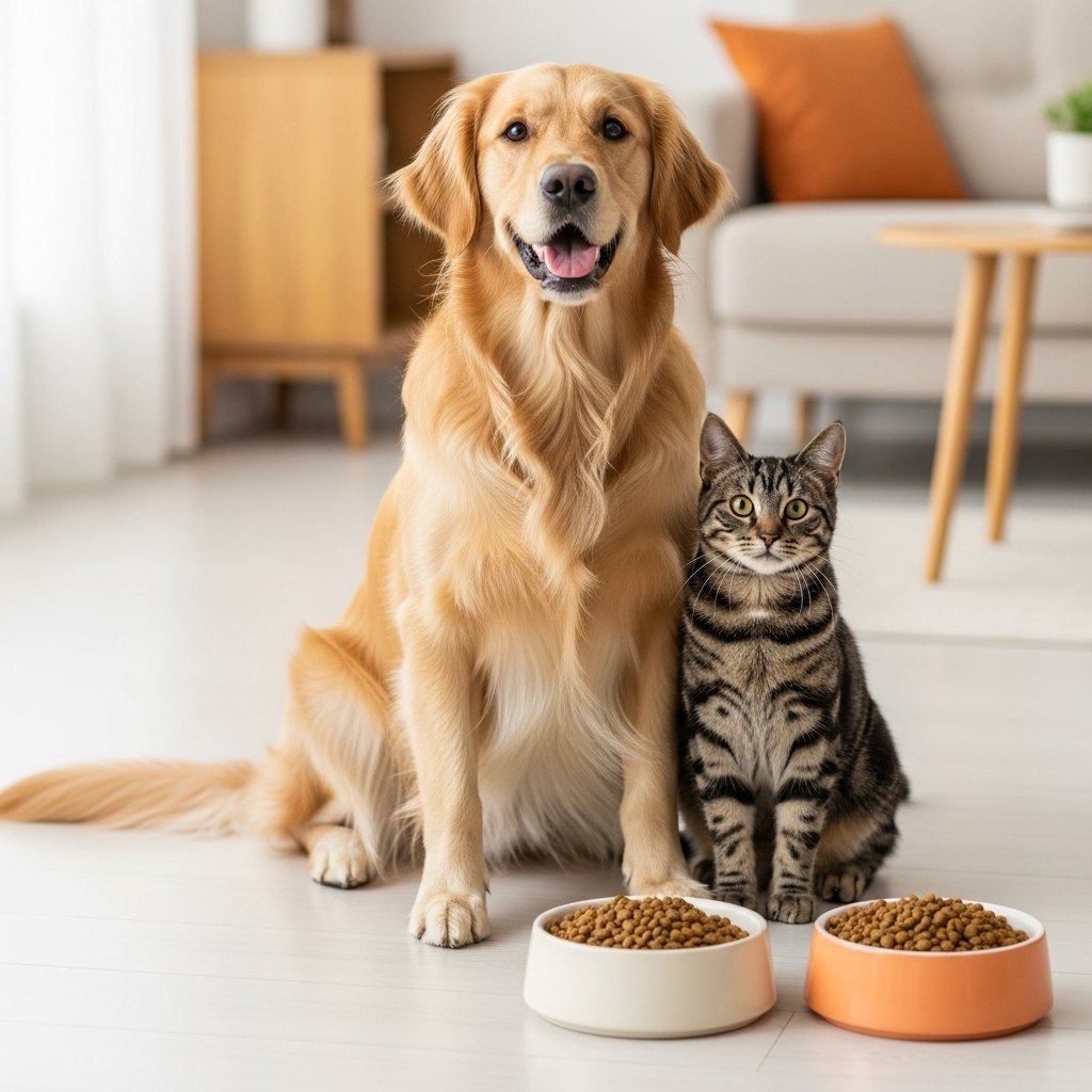 Perro y gato felices de Pet Land junto a su alimento